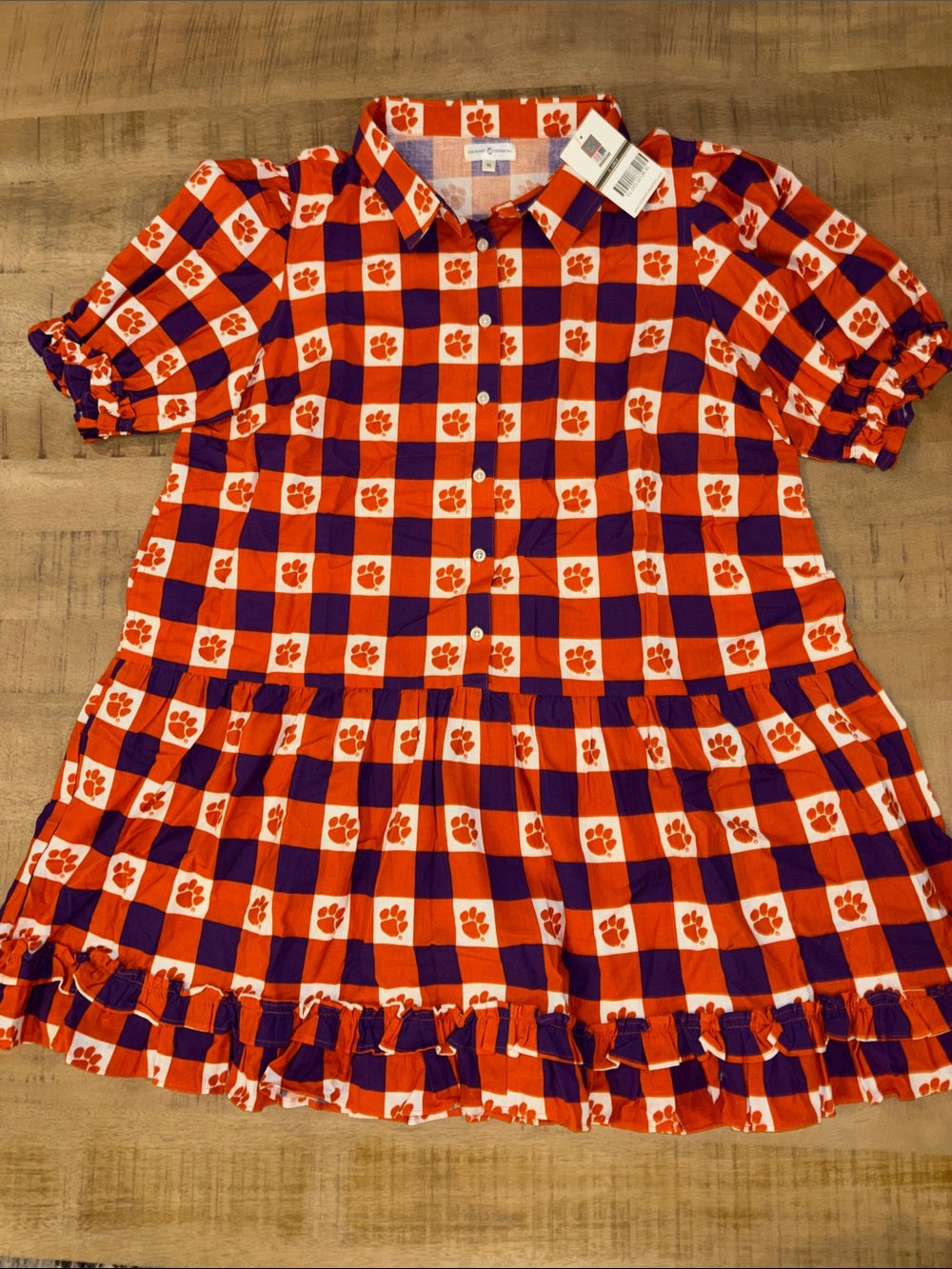 Clemson Tigers The Go Gingham Ruffle Dress Linen Cotton Blend XL NWT $169 - Picture 6 of 9